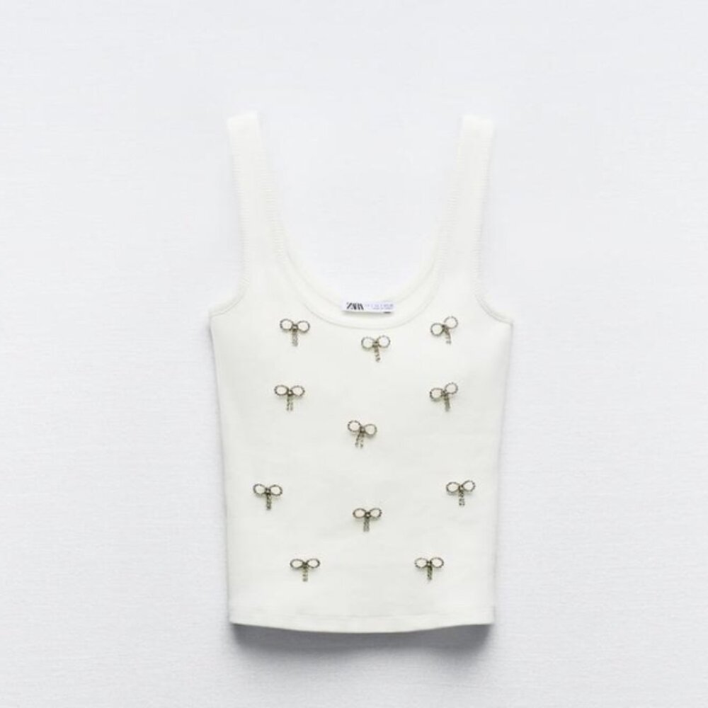 ZARA Jewel Rib White Tank, Size Small, Bow Details, Glimmer